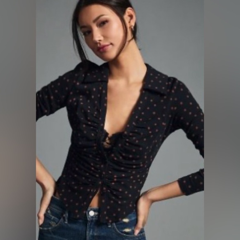 Maeve by Anthropologie Ruched Button up. Black brown polka dots